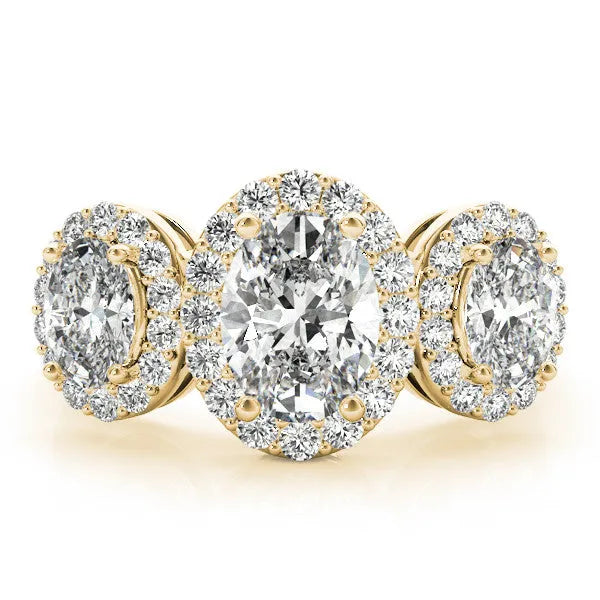 Yellow gold Three-Stone Oval Halo Diamond Ring with Pave Band and Four-Prong Setting