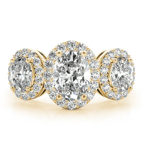 Yellow gold Three-Stone Oval Halo Diamond Ring with Pave Band and Four-Prong Setting 1