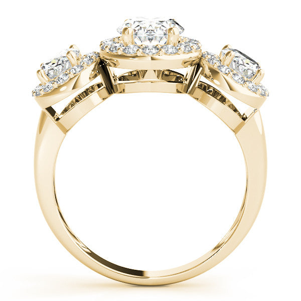 Yellow gold Three-Stone Oval Halo Diamond Ring with Pave Band and Four-Prong Setting 2