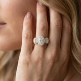 Yellow gold Three-Stone Oval Halo Diamond Ring with Pave Band and Four-Prong Setting_15