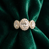Yellow gold Three-Stone Oval Halo Diamond Ring with Pave Band and Four-Prong Setting_16