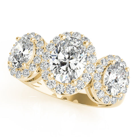 Yellow gold Three-Stone Oval Halo Diamond Ring with Pave Band and Four-Prong Setting