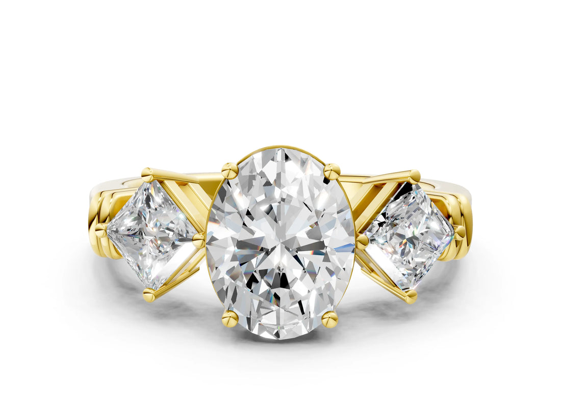 Yellow gold Three-Stone Oval and Princess Cut Diamond Ring with Channel Band and Four-Prong Setting_28