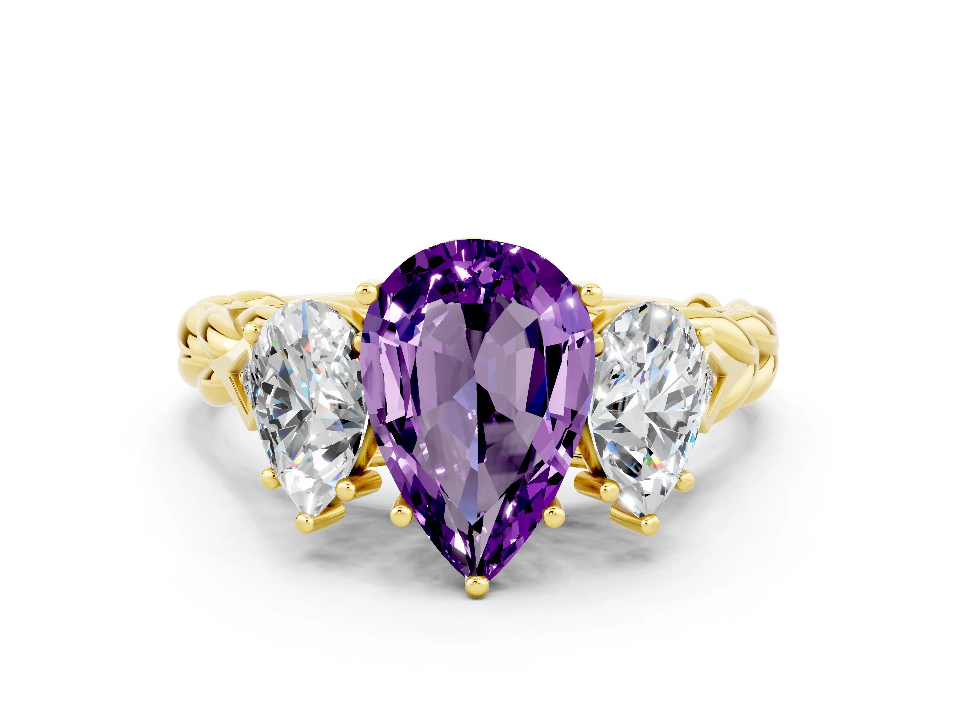 Yellow gold Three-Stone Pear Cut Amethyst Braided Band Ring with Four-Prong Setting_12