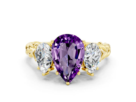 Yellow gold Three-Stone Pear Cut Amethyst Braided Band Ring with Four-Prong Setting_12