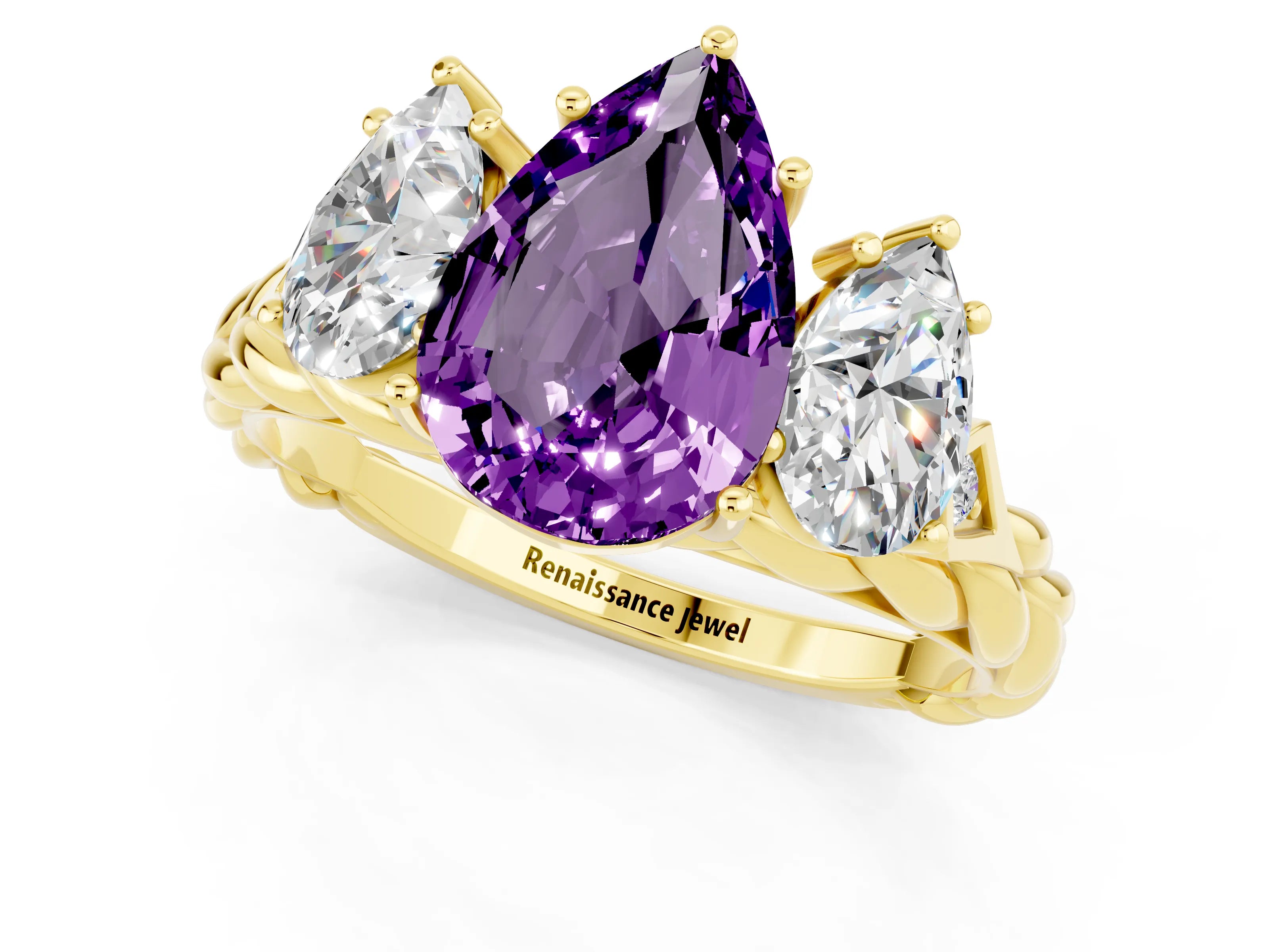Yellow gold Three-Stone Pear Cut Amethyst Braided Band Ring with Four-Prong Setting_13