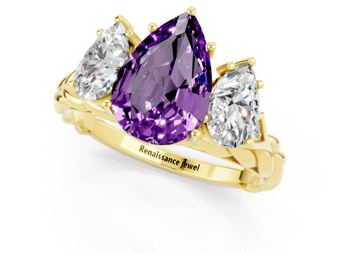 Yellow gold Three-Stone Pear Cut Amethyst Braided Band Ring with Four-Prong Setting_13