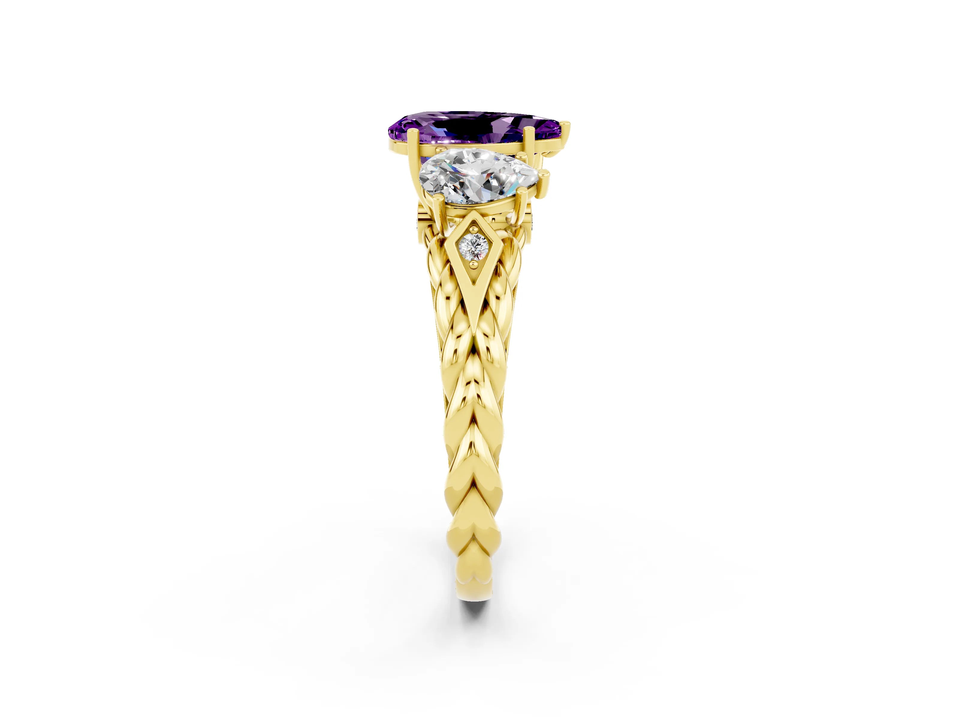 Yellow gold Three-Stone Pear Cut Amethyst Braided Band Ring with Four-Prong Setting_14