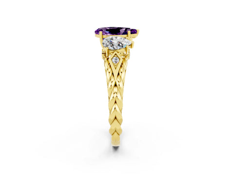 Yellow gold Three-Stone Pear Cut Amethyst Braided Band Ring with Four-Prong Setting_14