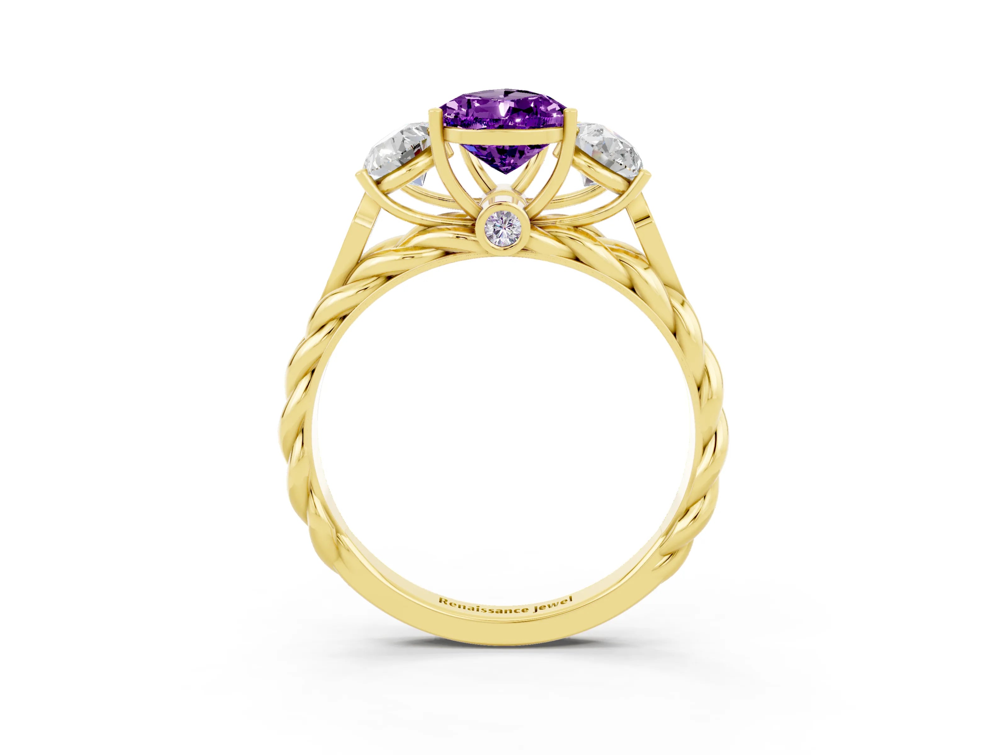 Yellow gold Three-Stone Pear Cut Amethyst Braided Band Ring with Four-Prong Setting_15