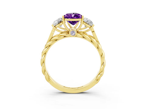 Yellow gold Three-Stone Pear Cut Amethyst Braided Band Ring with Four-Prong Setting_15