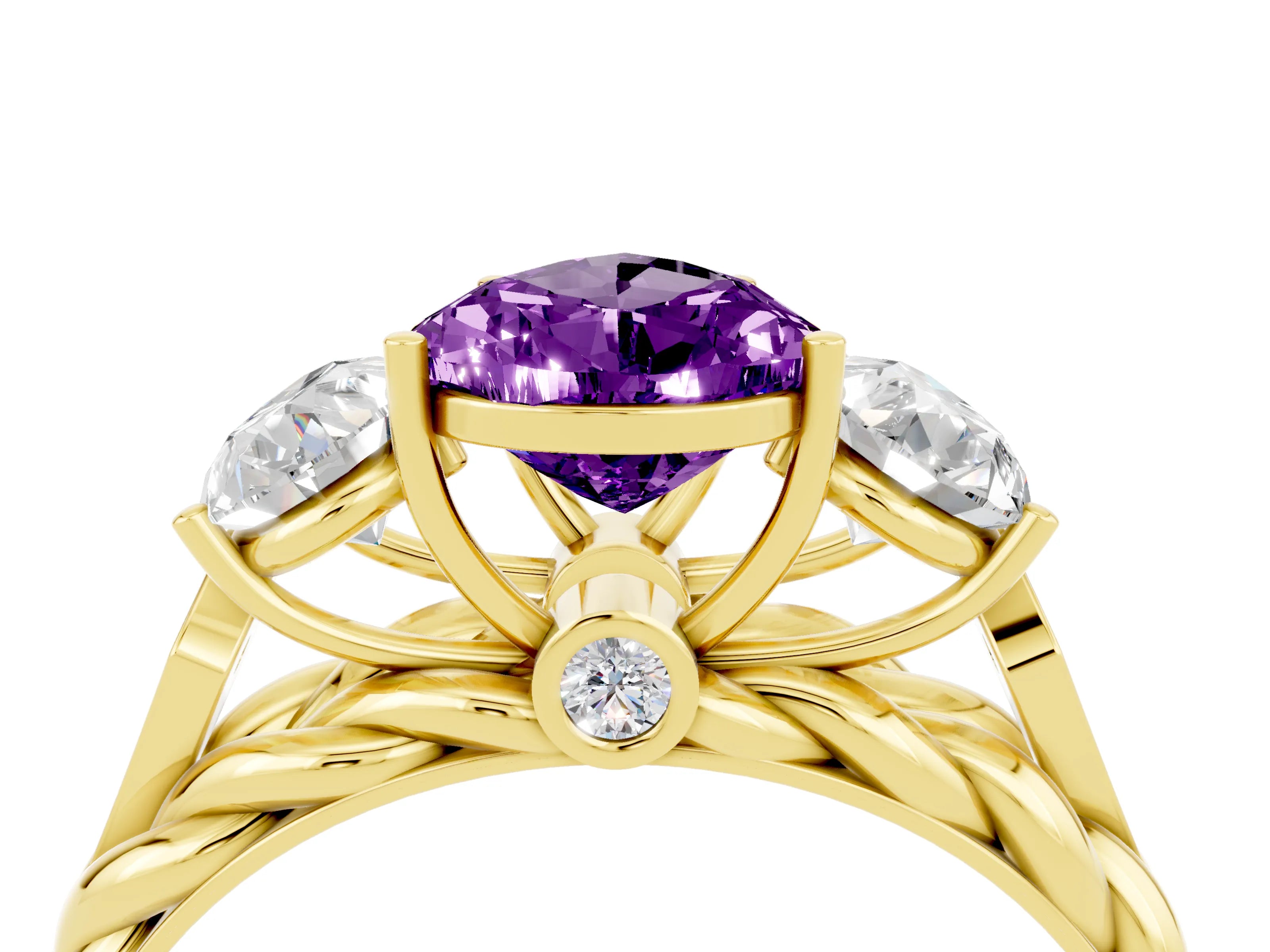 Yellow gold Three-Stone Pear Cut Amethyst Braided Band Ring with Four-Prong Setting_16