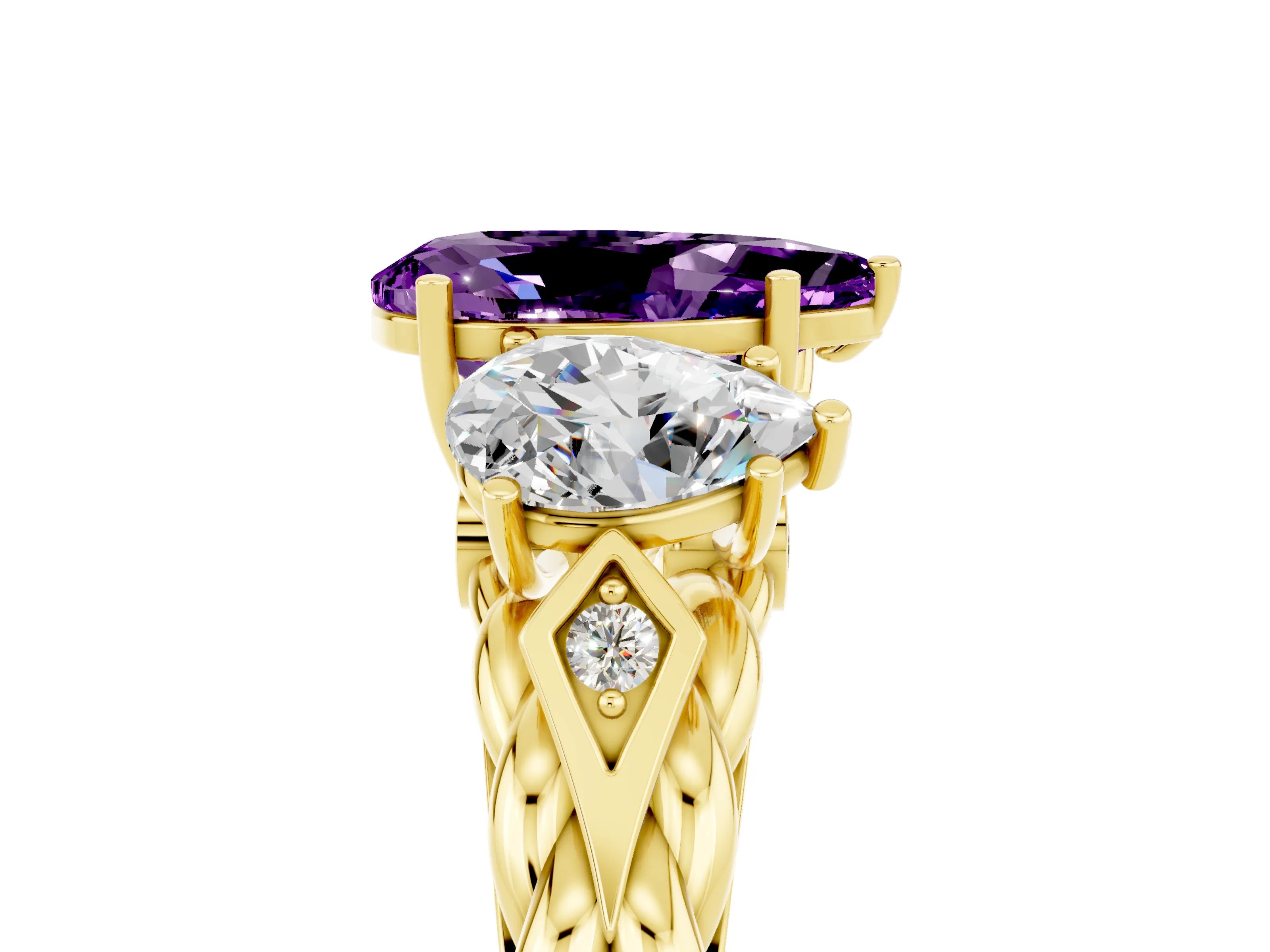 Yellow gold Three-Stone Pear Cut Amethyst Braided Band Ring with Four-Prong Setting_17