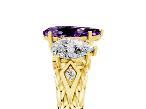 Yellow gold Three-Stone Pear Cut Amethyst Braided Band Ring with Four-Prong Setting_17