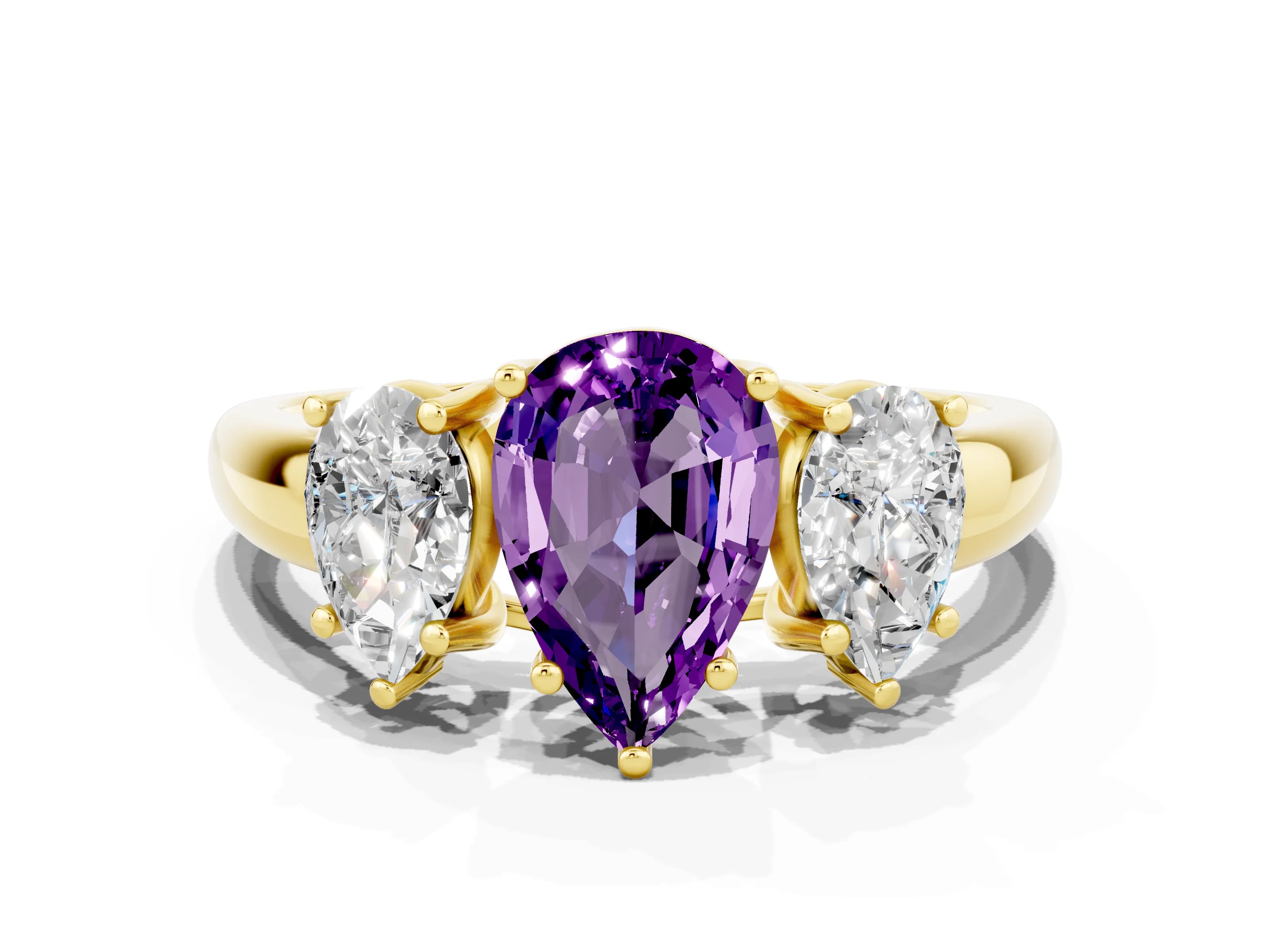 Yellow gold Three-Stone Pear Cut Amethyst Engagement Ring with Prong Setting