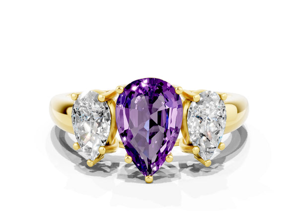 Yellow gold Three-Stone Pear Cut Amethyst Engagement Ring with Prong Setting