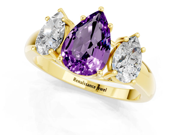 Yellow gold Three-Stone Pear Cut Amethyst Engagement Ring with Prong Setting