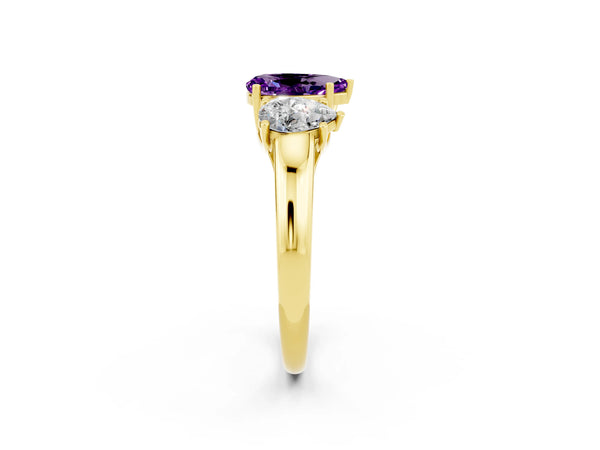 Yellow gold Three-Stone Pear Cut Amethyst Engagement Ring with Prong Setting