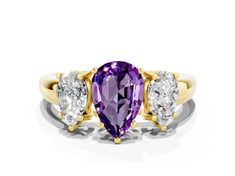 Yellow gold Three-Stone Pear Cut Amethyst Engagement Ring with Prong Setting