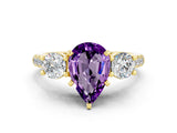 Yellow gold Three-Stone Pear Cut Amethyst Pavé Band with Four-Prong Setting