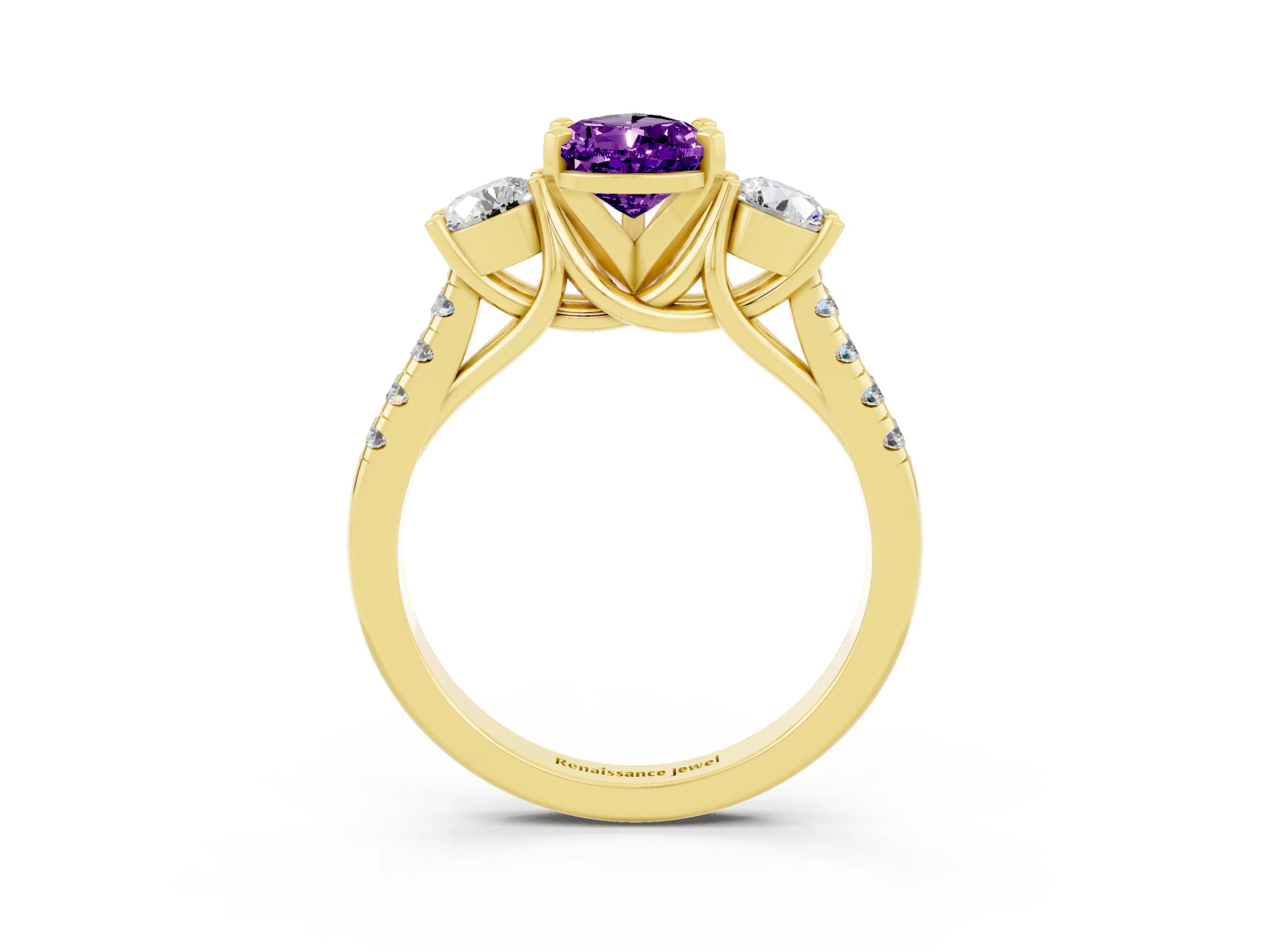 Yellow gold Three-Stone Pear Cut Amethyst Pavé Band with Four-Prong Setting_3