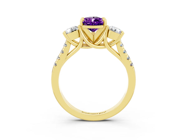 Yellow gold Three-Stone Pear Cut Amethyst Pavé Band with Four-Prong Setting