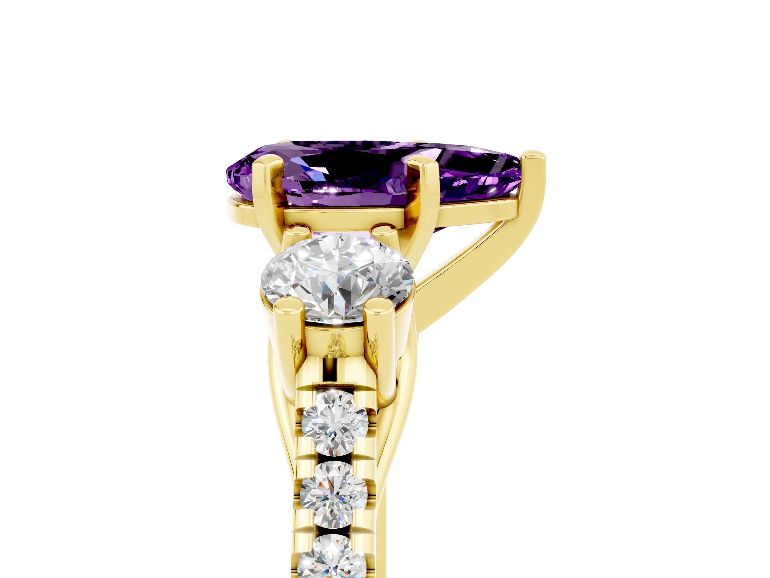 Yellow gold Three-Stone Pear Cut Amethyst Pavé Band with Four-Prong Setting_5