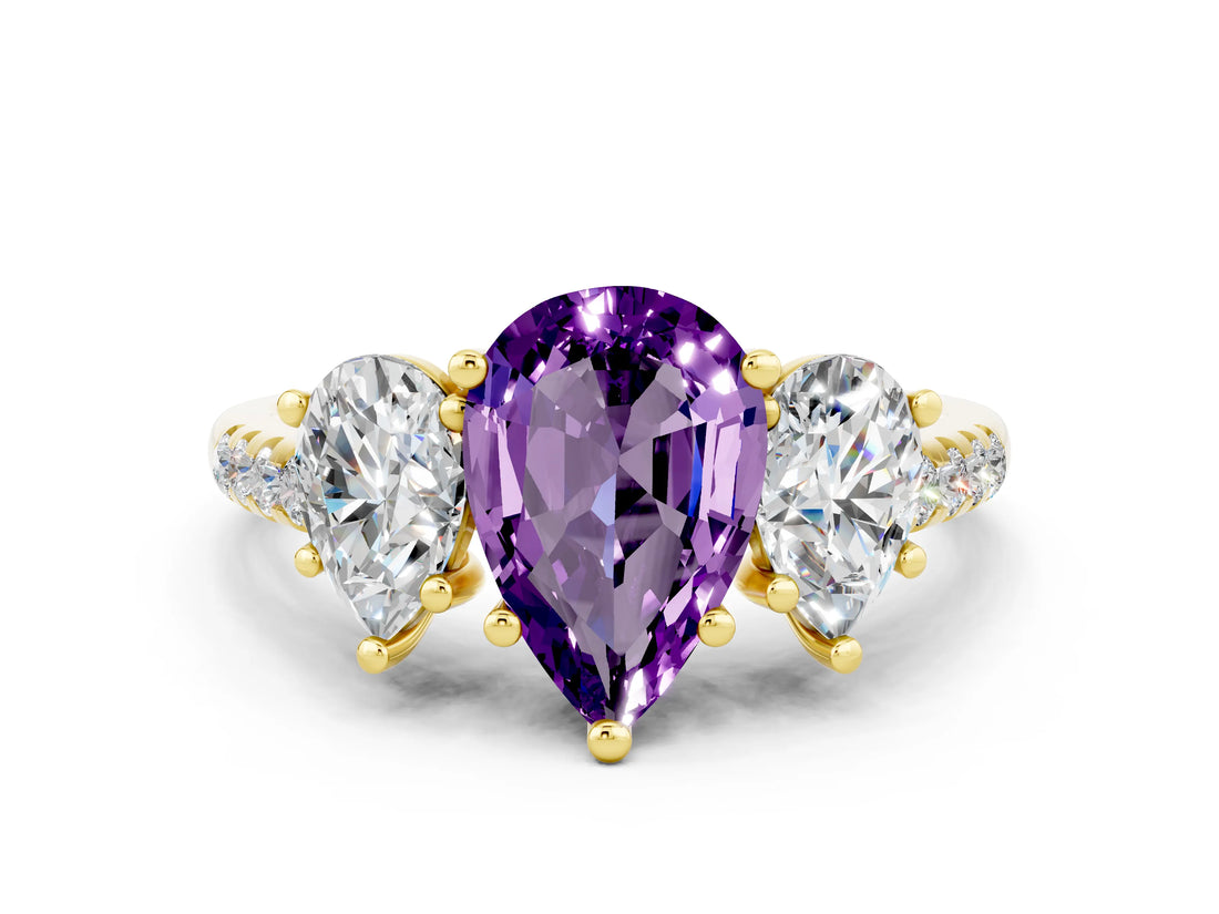 Yellow gold Three-Stone Pear Cut Amethyst Ring with Pavé Band and Prong Setting_12