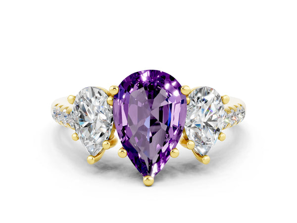 Yellow gold Three-Stone Pear Cut Amethyst Ring with Round  Pavé Band and Prong Setting