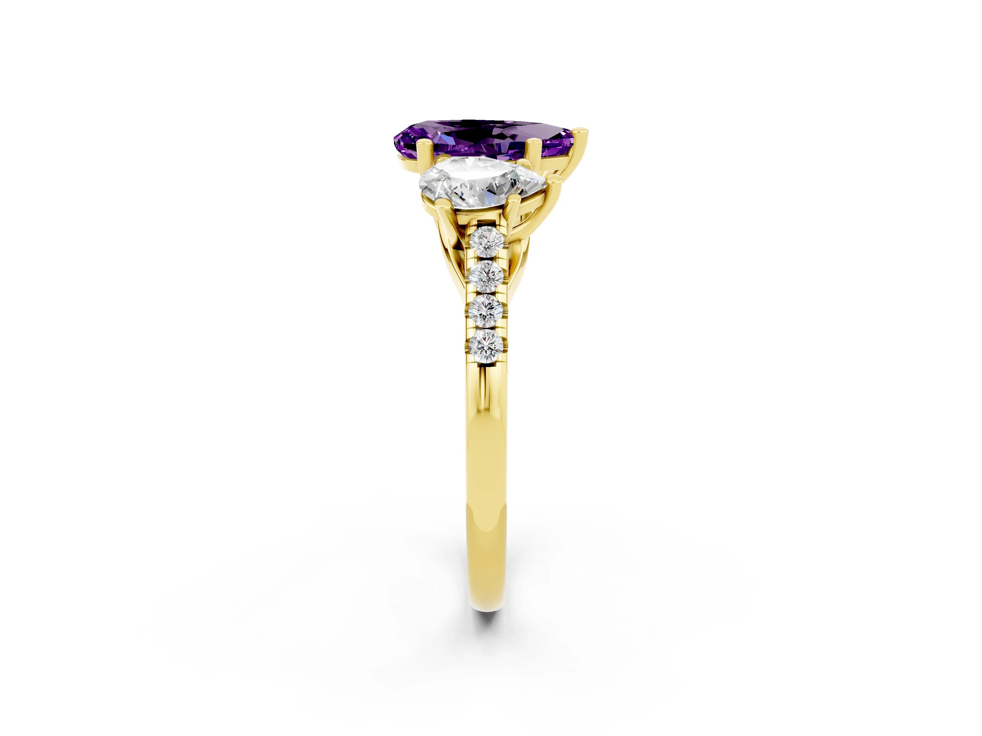 Yellow gold Three-Stone Pear Cut Amethyst Ring with Pavé Band and Prong Setting_14