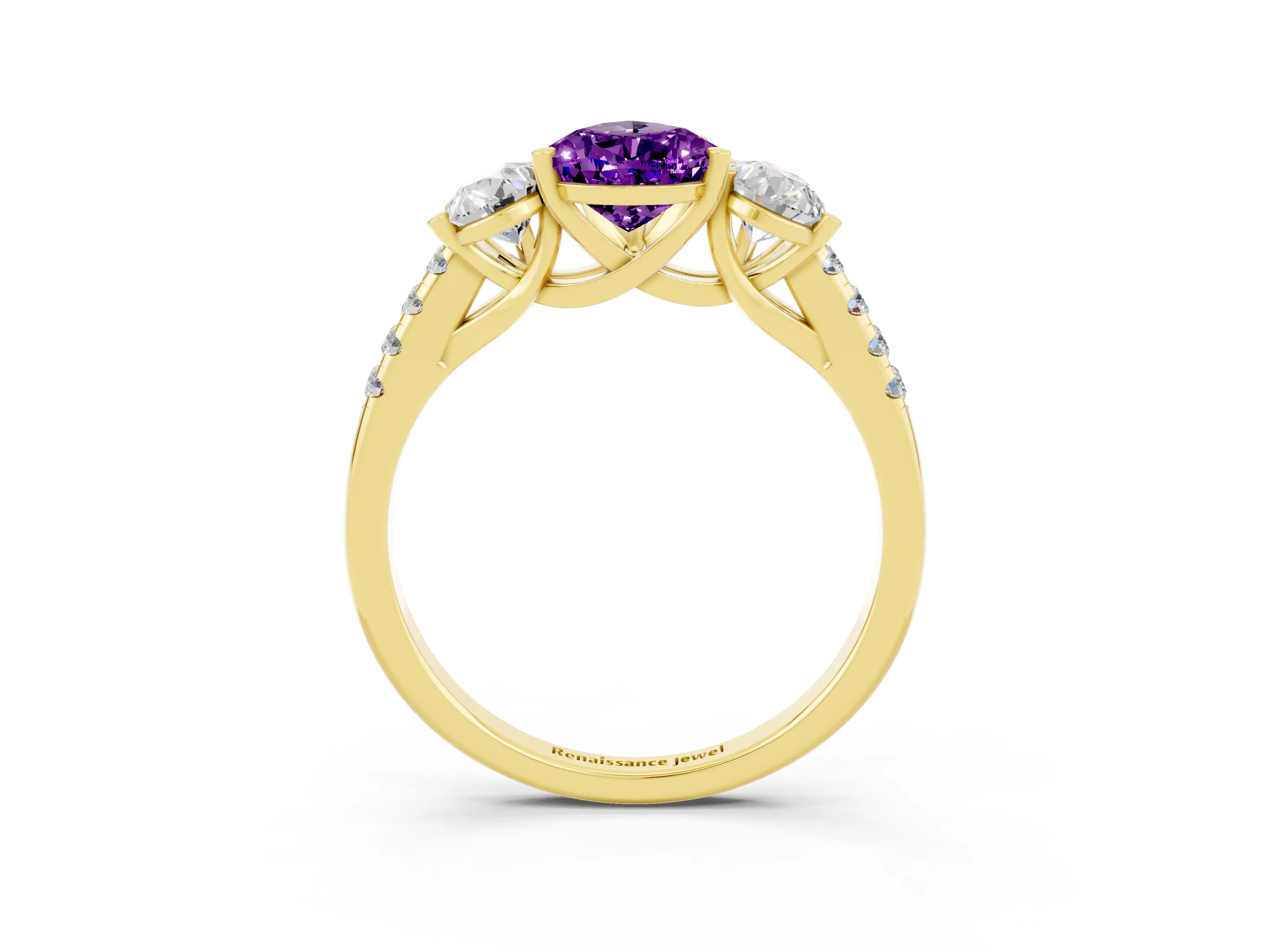 Yellow gold Three-Stone Pear Cut Amethyst Ring with Pavé Band and Prong Setting_15