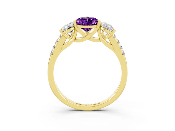 Yellow gold Three-Stone Pear Cut Amethyst Ring with Round  Pavé Band and Prong Setting
