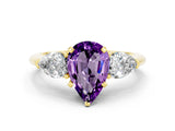 Yellow gold Three-Stone Pear Cut Amethyst Ring with Pear Side Stones and Four-Prong Setting