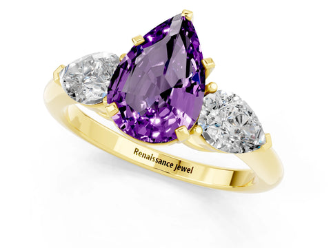 Yellow gold Three-Stone Pear Cut Amethyst Ring with Pear Side Stones and Four-Prong Setting_1