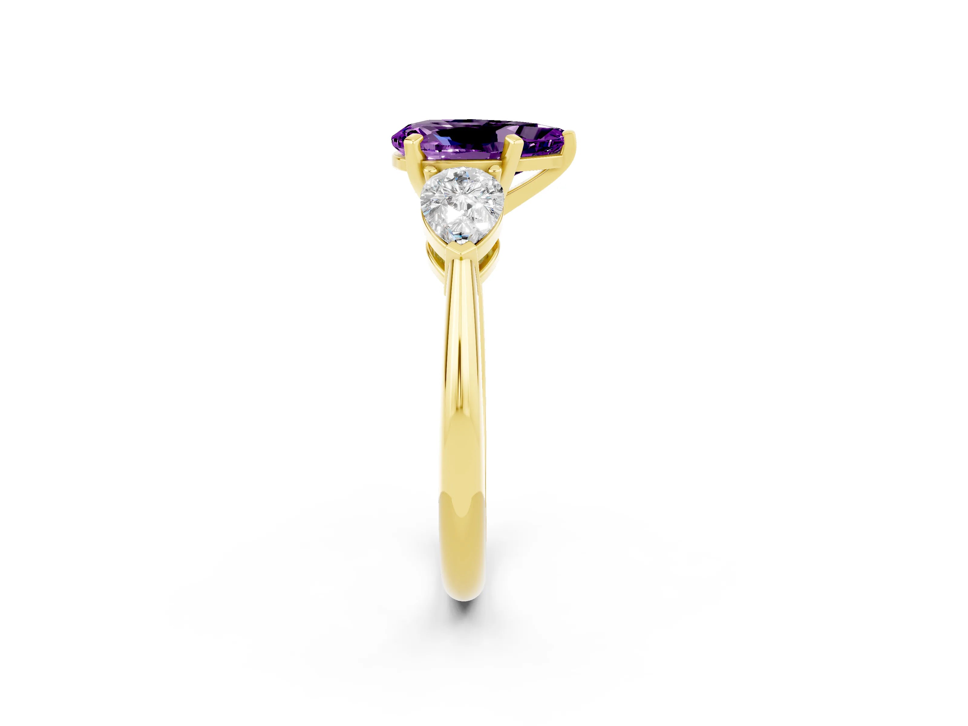 Yellow gold Three-Stone Pear Cut Amethyst Ring with Pear Side Stones and Four-Prong Setting_2