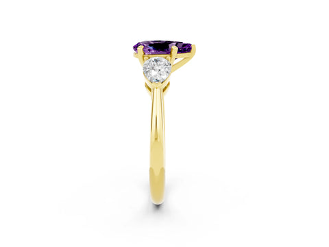 Yellow gold Three-Stone Pear Cut Amethyst Ring with Pear Side Stones and Four-Prong Setting_2