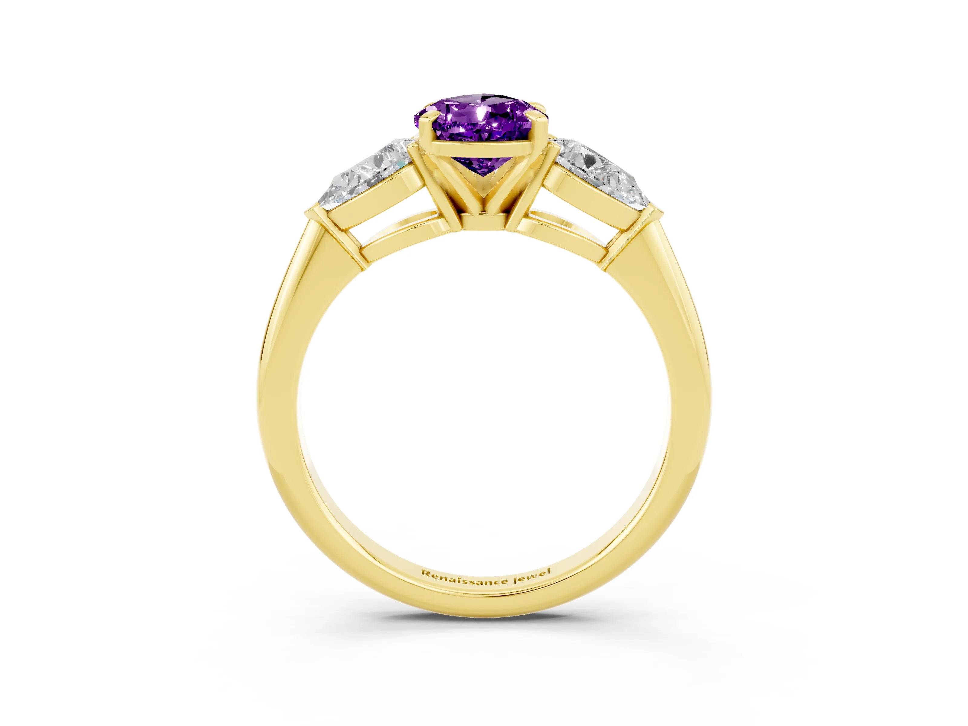 Yellow gold Three-Stone Pear Cut Amethyst Ring with Pear Side Stones and Four-Prong Setting_3
