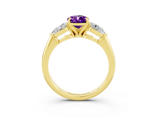 Yellow gold Three-Stone Pear Cut Amethyst Ring with Pear Side Stones and Four-Prong Setting
