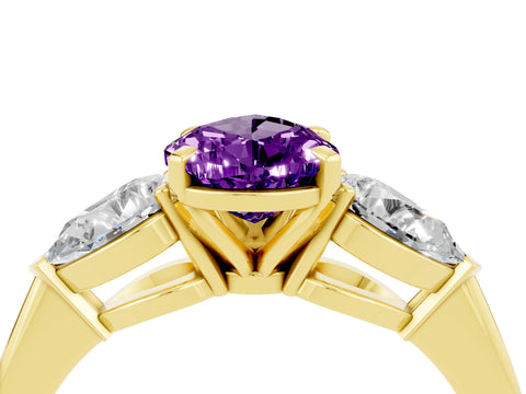 Yellow gold Three-Stone Pear Cut Amethyst Ring with Pear Side Stones and Four-Prong Setting_4