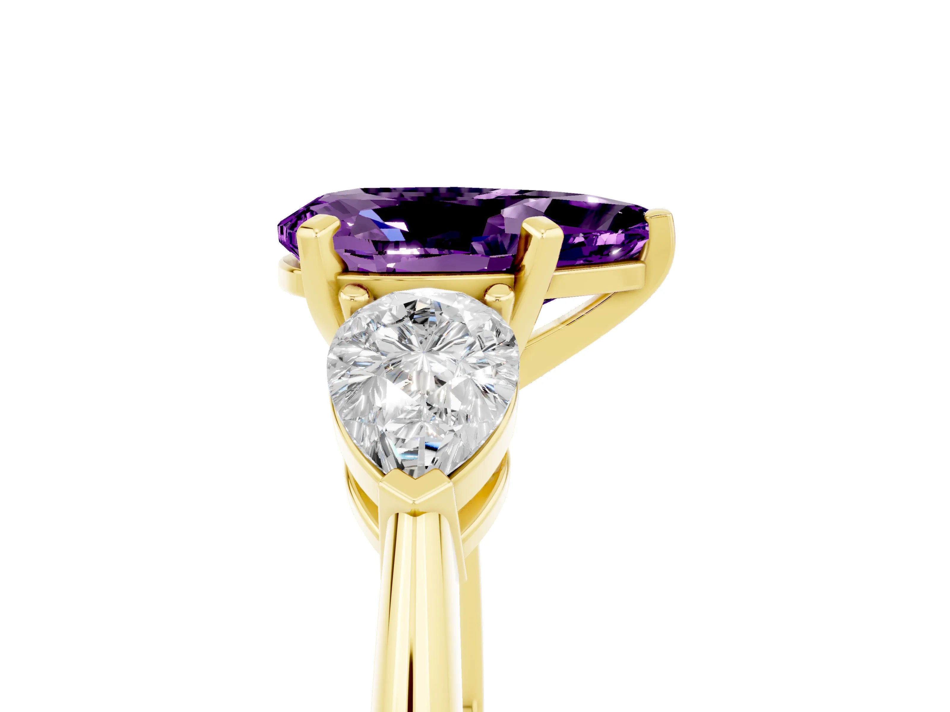 Yellow gold Three-Stone Pear Cut Amethyst Ring with Pear Side Stones and Four-Prong Setting_5