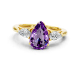 Yellow gold Three-Stone Pear Cut Amethyst Ring with Pear  Side Stones in Four-Prong Setting_12