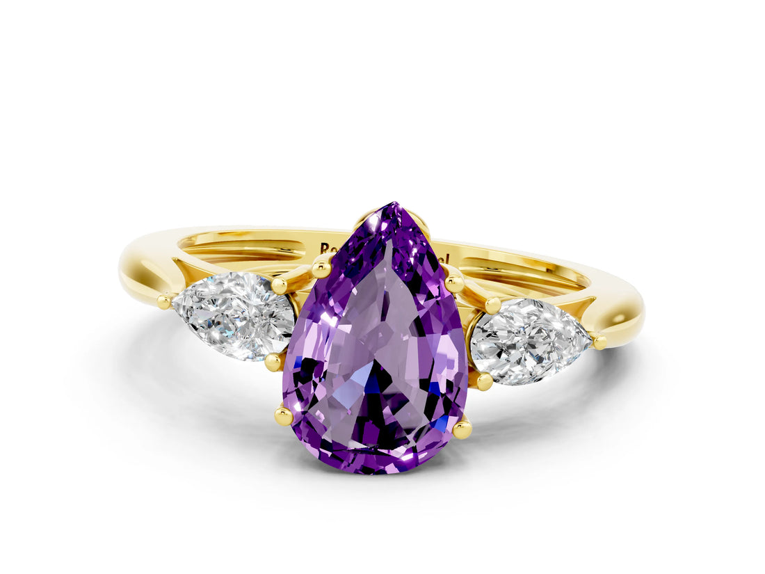 Yellow gold Three-Stone Pear Cut Amethyst Ring with Pear  Side Stones in Four-Prong Setting_36