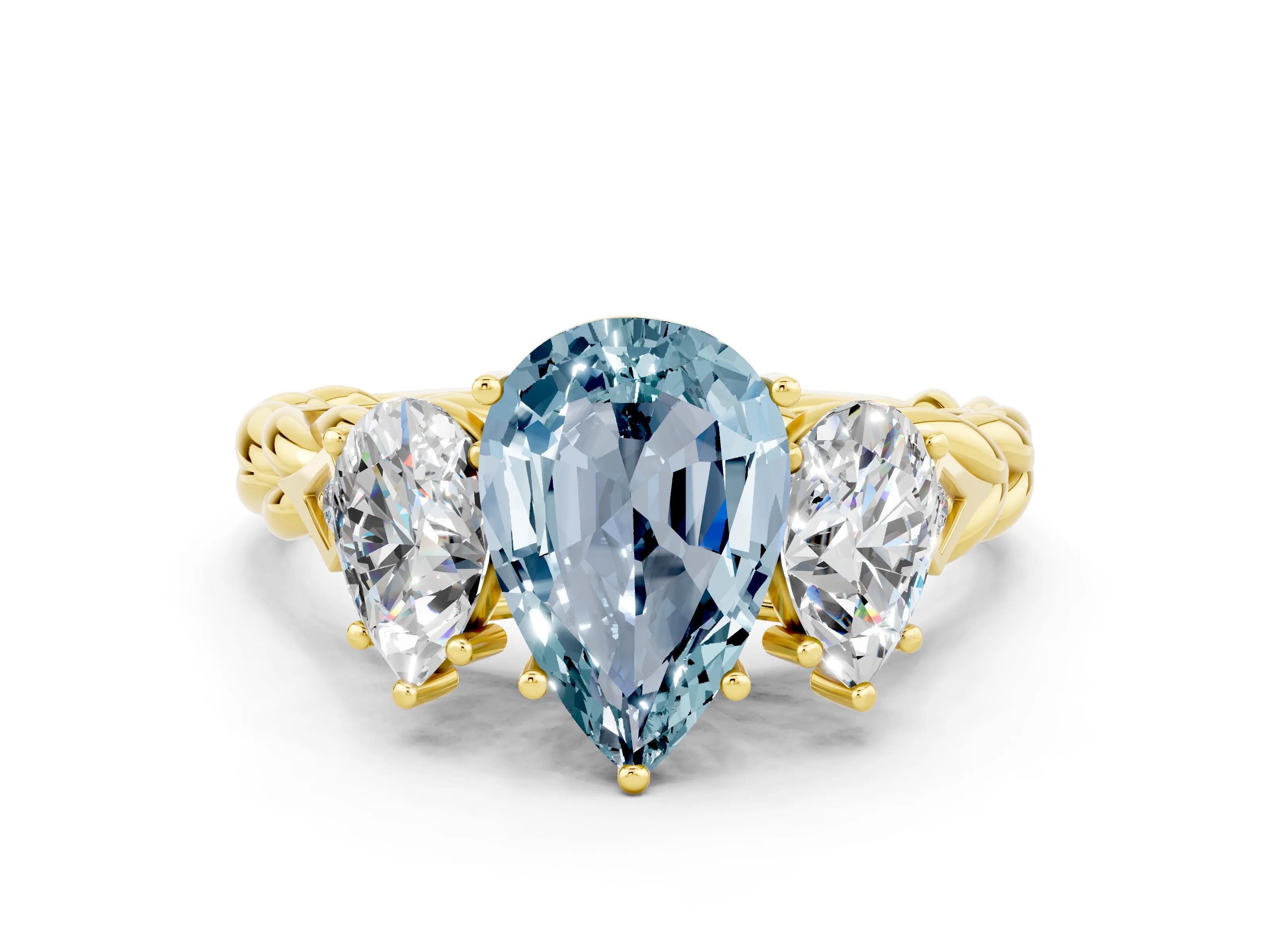 Yellow gold Three-Stone Pear Cut Aquamarine Braided Band Ring with Four-Prong Setting_12