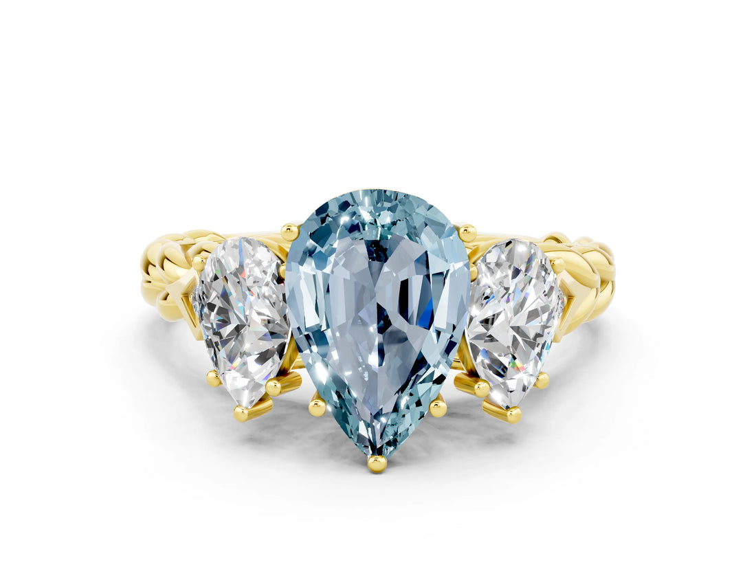 Yellow gold Three-Stone Pear Cut Aquamarine Braided Band Ring with Four-Prong Setting_12