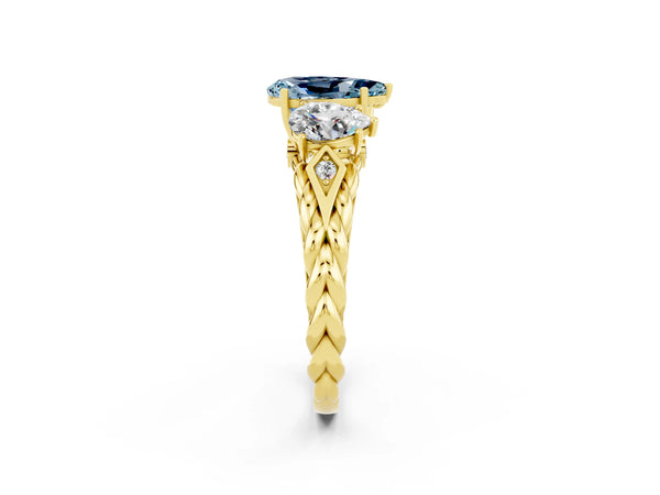Yellow gold Three-Stone Pear Cut Aquamarine Braided Band Ring with Four-Prong Setting