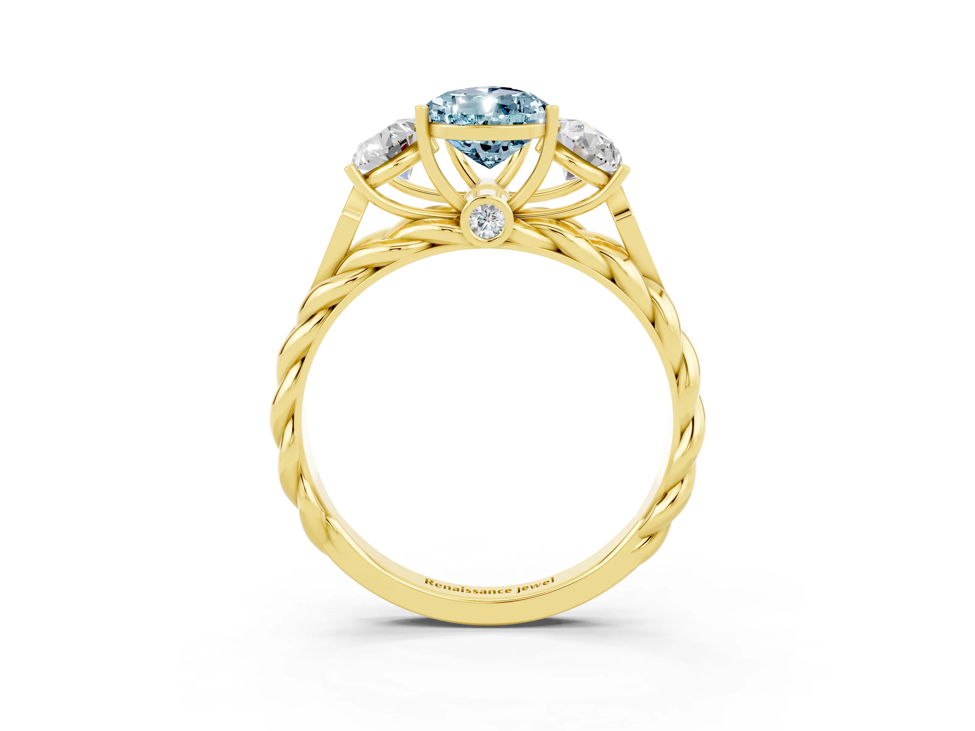 Yellow gold Three-Stone Pear Cut Aquamarine Braided Band Ring with Four-Prong Setting_15