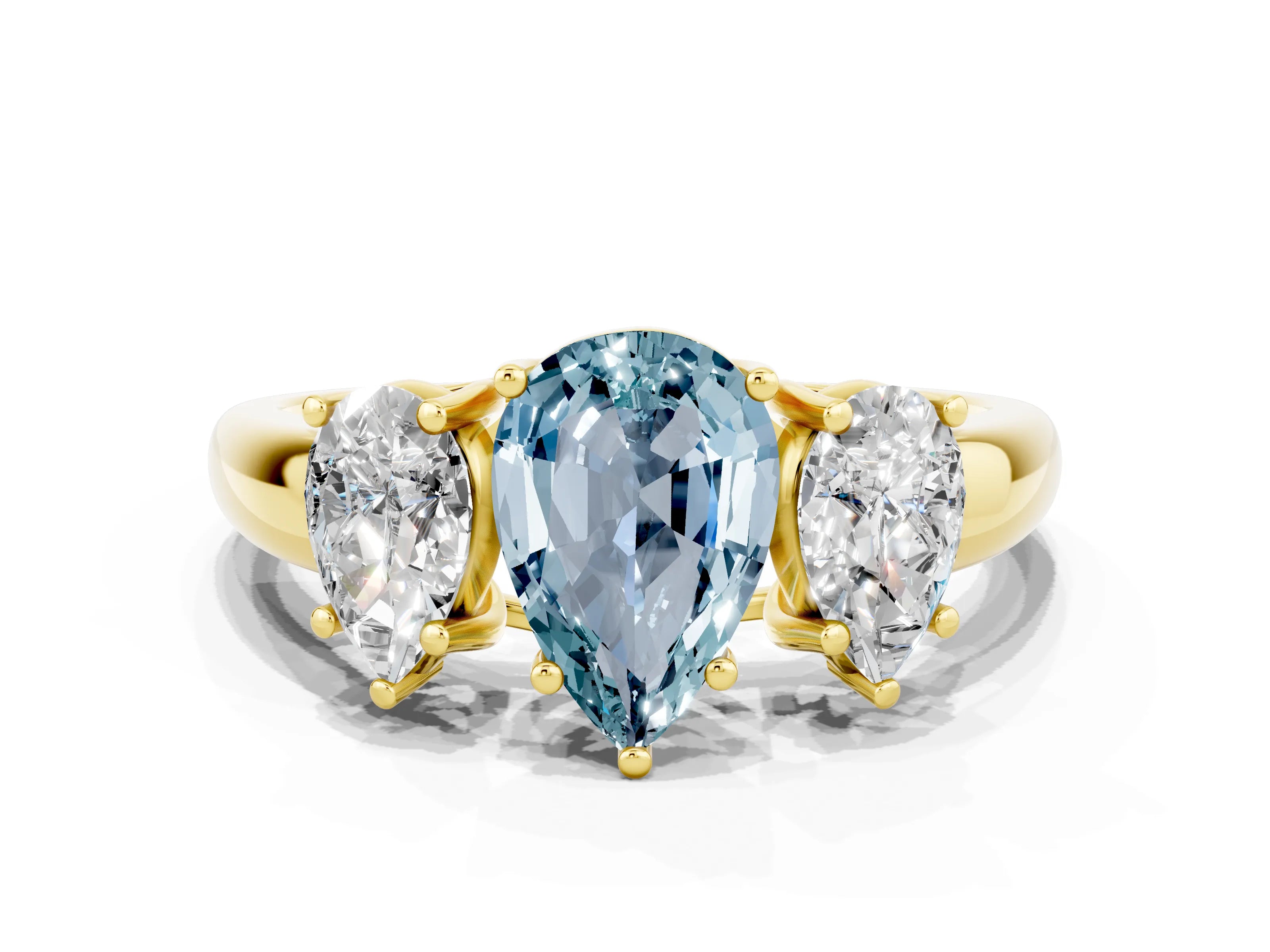 Yellow gold Three-Stone Pear Cut Aquamarine Engagement Ring with Prong Setting