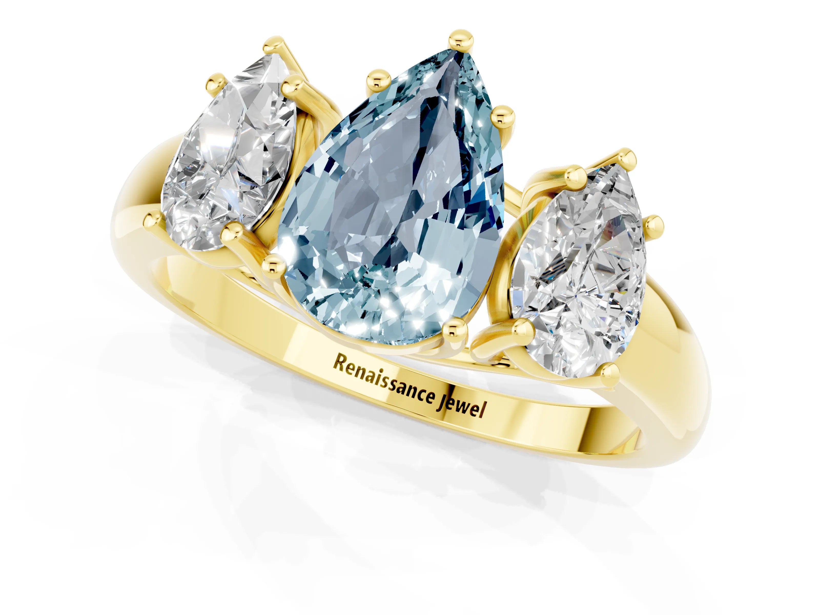Yellow gold Three-Stone Pear Cut Aquamarine Engagement Ring with Prong Setting_1