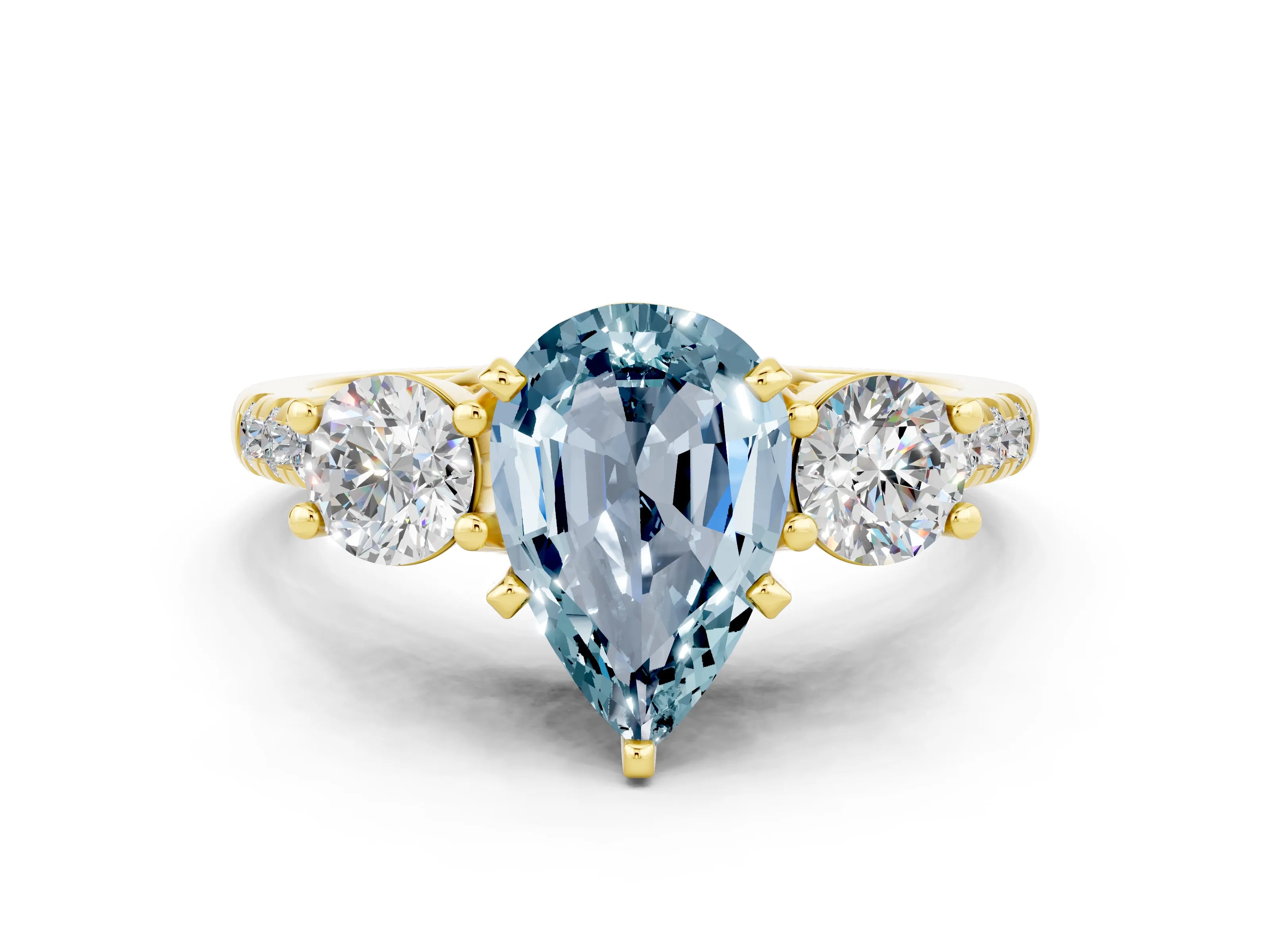 Yellow gold Three-Stone Pear Cut Aquamarine Pavé Band with Four-Prong Setting