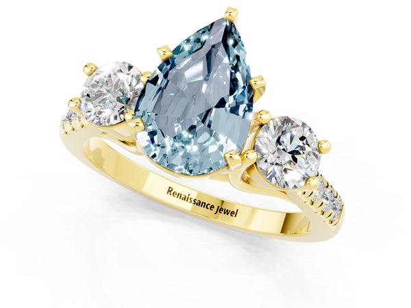 Yellow gold Three-Stone Pear Cut Aquamarine Pavé Band with Four-Prong Setting
